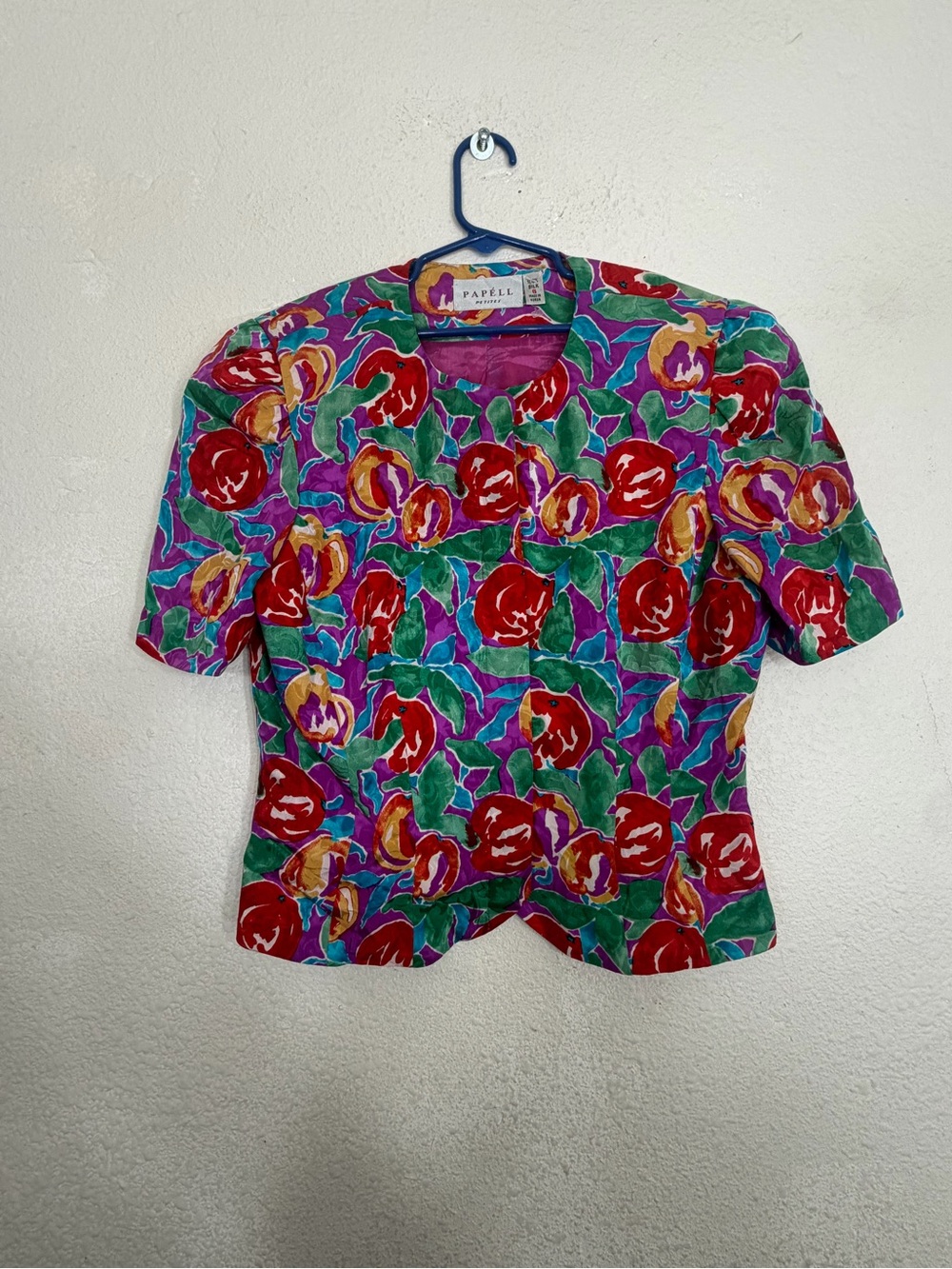 Vintage Papell Petites 100% Silk Floral Jacket Blouse Size 6 Puff Sleeve 80s